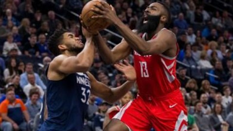 哈登三双收官+三分雨浇灭唐斯双20 火箭123-118送森林狼六连败